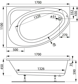 Акриловая ванна VagnerPlast Hapi VPBA170HAP3LX-04 левая 170x110см белый